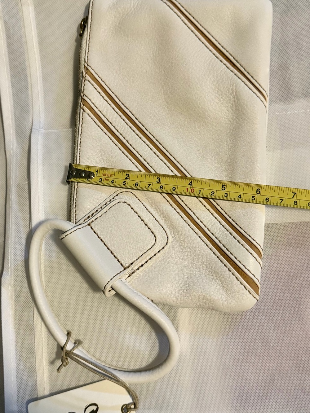 White Leather Wristlet Clutch with Tan Accent